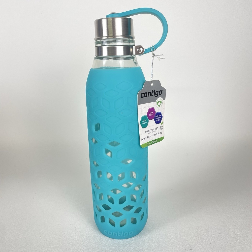 Contigo Purity Glass Water Bottle 20oz Aqua Turquoise Petal Silicone Sleeve New